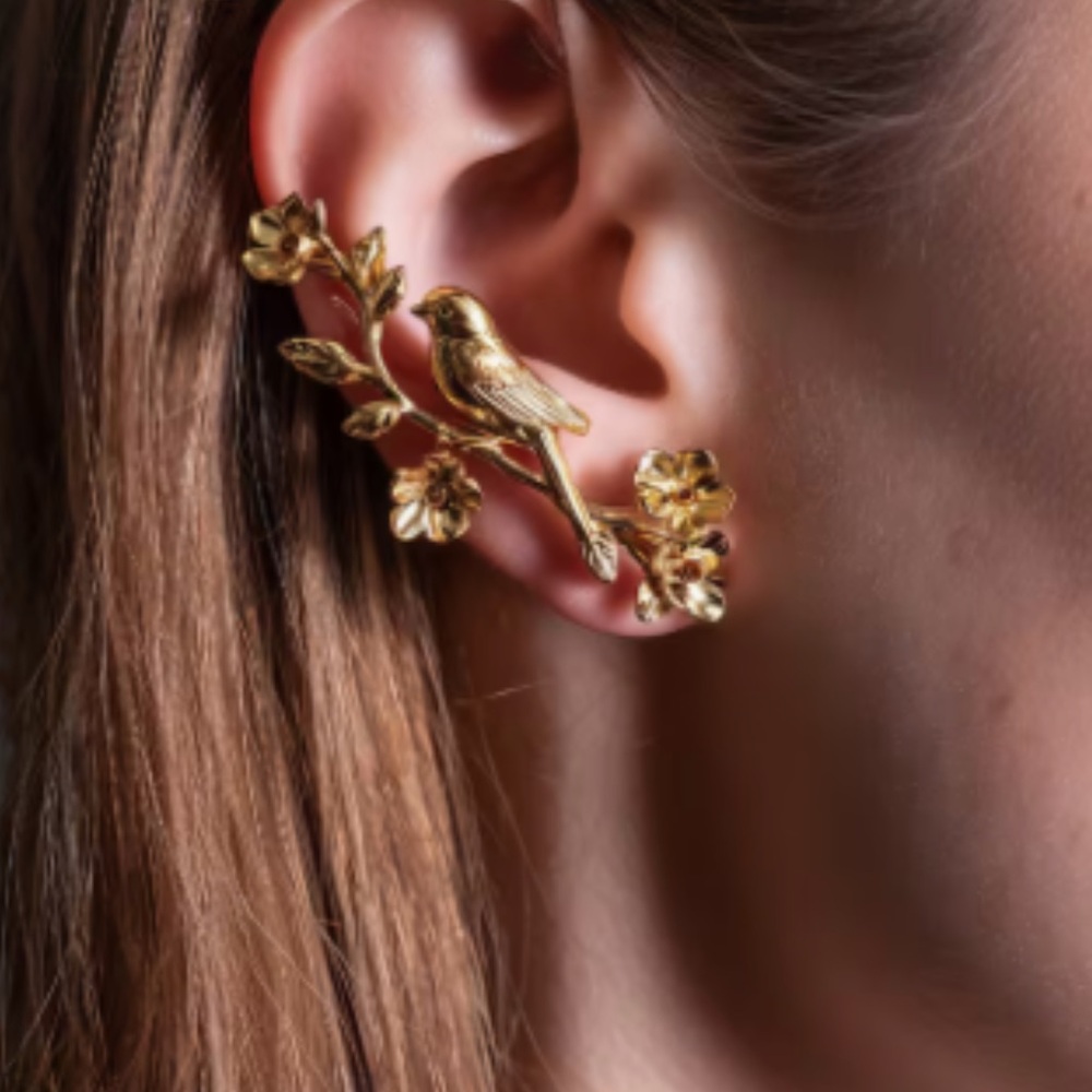 NEW! Gold alloy Bird & Blossom Ear Cuff - Elegant Women's Jewelry